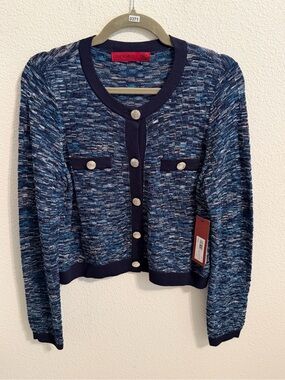 Love Scarlett Navy Blue Tweed-Style Cardigan with Contrast Trim